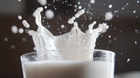 A close-up shot of milk splashing into a glass from a jug, frozen in motion.の素材