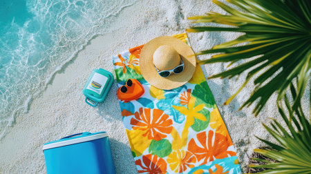 A colorful beach towel with sunscreen, sunglasses, and a sunhat laid out beside a cooler and a beach chair on the shoreの素材