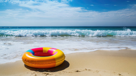 A colorful inflatable ring placed on the beach sand, ready for a fun day in the ocean or pool, with waves crashing in the distanceの素材