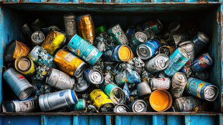 A collection of cleaned and crushed tin cans in a blue recycling container, ready for processing.の素材