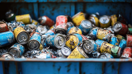 A collection of cleaned and crushed tin cans in a blue recycling container, ready for processing.の素材
