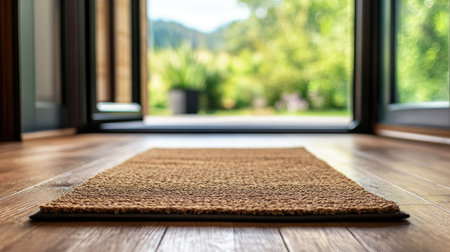 A doormat on the wooden floor inside a home, the door slightly open, showing a welcoming atmosphereの素材