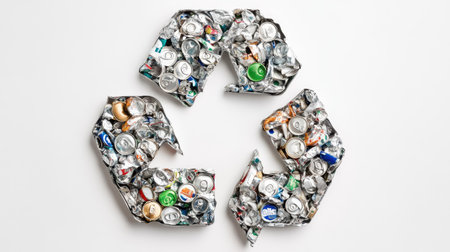A creative composition of crushed and whole tin cans forming a recycling symbol on a white background.の素材