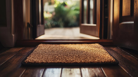 A doormat on the wooden floor inside a home, the door slightly open, showing a welcoming atmosphereの素材