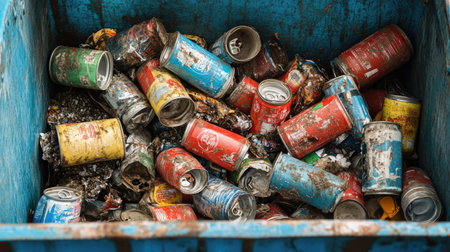 A collection of cleaned and crushed tin cans in a blue recycling container, ready for processing.の素材