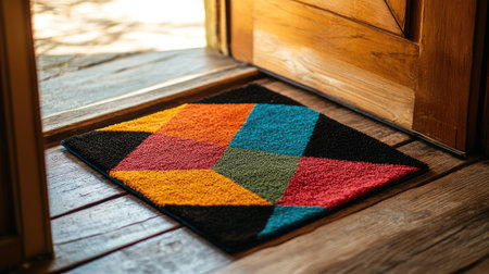 A colorful doormat on a wooden floor, positioned at the entrance of a cozy, well-decorated homeの素材