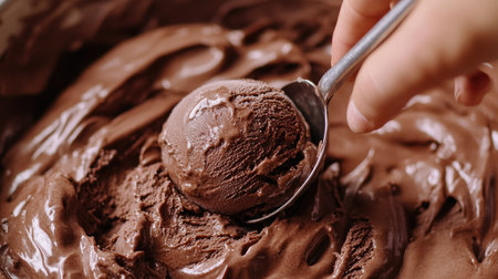 A hand pressing a metal scoop into a tub of rich dark chocolate ice cream, highlighting the depth of color.の素材