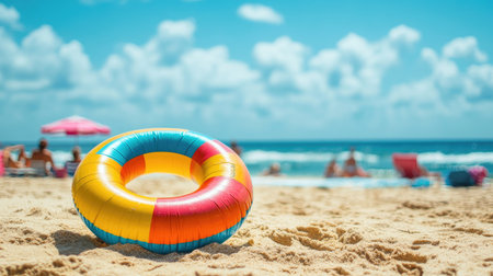 A colorful inflatable ring on the golden sand of a tropical beach, with beach umbrellas and people enjoying the summer weather in the backgroundの素材