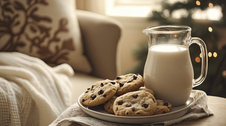 A cozy indoor scene with a glass jug of milk, a full glass, and a plate of chocolate chip cookies.の素材