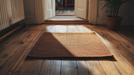 A doormat on the wooden floor inside a home, the door slightly open, showing a welcoming atmosphereの素材