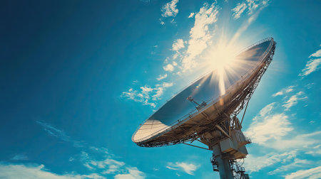 A giant satellite dish pointed at the midday sun, with a deep blue sky and wispy white clouds above.の素材