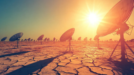 A field of satellite dishes facing a radiant sun, creating long shadows on the dry, cracked earth below.の素材