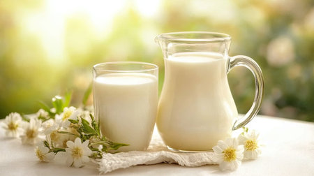 A jug and glass of fresh milk placed on a white tablecloth with soft natural lighting.の素材