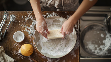 A close-up top-down shot of a woman scrubbing a dirty plate with a sponge, with sudsy water and kitchen utensils nearbyの素材