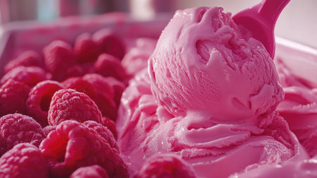 A delicious swirl of raspberry ice cream being scooped from a container, with fresh berries nearby.の素材