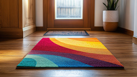 A colorful doormat on a wooden floor, positioned at the entrance of a cozy, well-decorated homeの素材