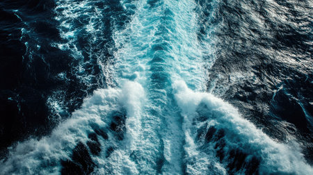 A cruise ship's wake dividing the ocean, with the contrast of white foam and deep navy blue waves.の素材