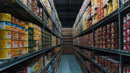A large food factory storage area with thousands of canned goods stacked neatly on industrial shelves.の素材