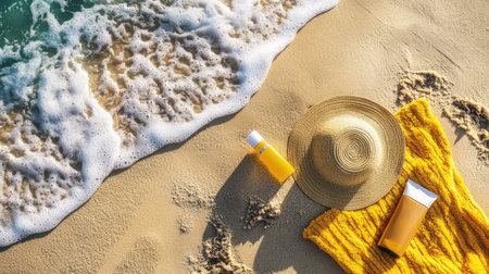 A flat lay of sun protection gear like sunscreen, beach towel, and sunhat laid out on the sand, with waves gently crashing nearbyの素材