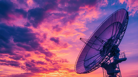 A high-tech satellite dish under a breathtaking sunrise, with pink and purple clouds painting the sky.の素材