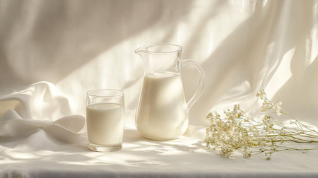 A jug and glass of fresh milk placed on a white tablecloth with soft natural lighting.の素材