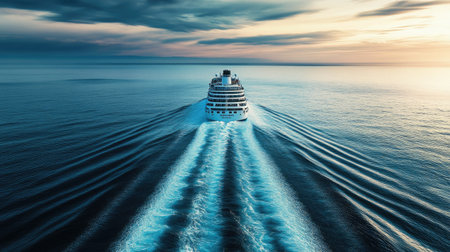A cruise ship making a turn, leaving behind a curved wake pattern in the calm sea.の素材