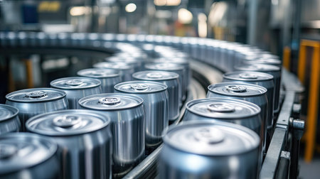 A gleaming production line of aluminum cans ready for final inspection in a food manufacturing plant.の素材