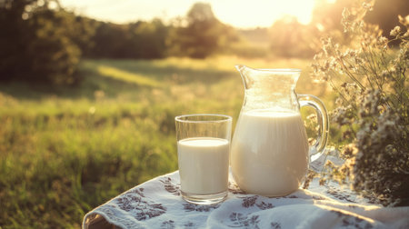 A glass jug and glass of milk placed on a table outdoors, with a sunlit meadow in the background.の素材
