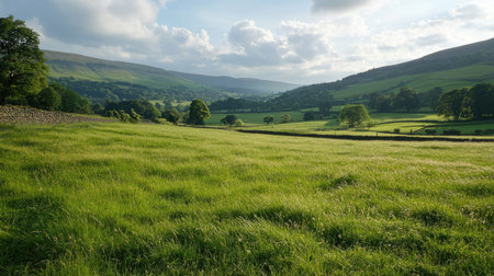 A field of fresh green grass in a rural setting, with rolling hills in the background, creating a tranquil countryside sceneの素材