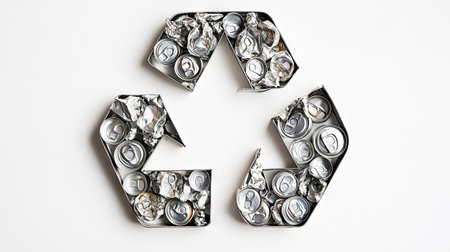 A creative composition of crushed and whole tin cans forming a recycling symbol on a white background.の素材