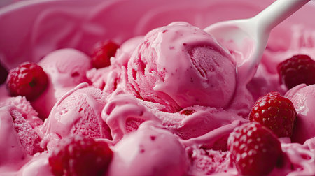 A delicious swirl of raspberry ice cream being scooped from a container, with fresh berries nearby.の素材