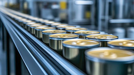 A long conveyor belt filled with empty metal cans moving toward a filling station in a food factory.の素材