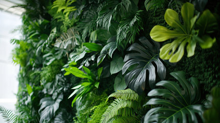 A creative green leaf wall installation with various shades of green foliage, adding a unique touch to a room's decorの素材
