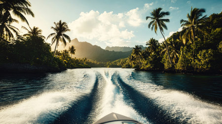 A dramatic view of a speedboat wake framed by lush tropical islands, with palm trees swaying in the background.の素材