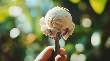 A hand firmly gripping an ice cream scooper, lifting a fresh scoop of coconut-flavored ice cream.の素材