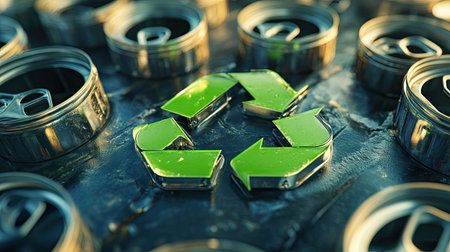 A green recycling symbol surrounded by empty metal food cans, emphasizing eco-friendly practices.の素材