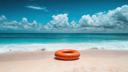 A lone inflatable ring sitting on the sand, awaiting its owner to enjoy the calm ocean waves, under a bright blue skyの素材