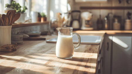 A country-style kitchen scene featuring a jug of fresh milk and a glass placed on a wooden counter.の素材