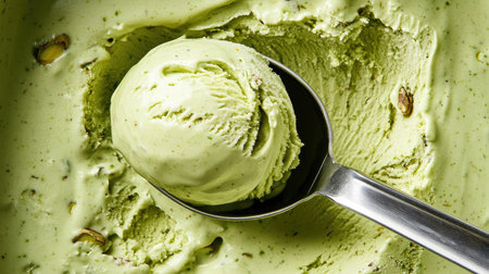 A detailed shot of a scoop gliding through a tub of pistachio ice cream, revealing a rich, nutty texture.の素材