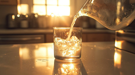 A glass pitcher of milk being poured into a transparent glass on a bright kitchen countertop.の素材