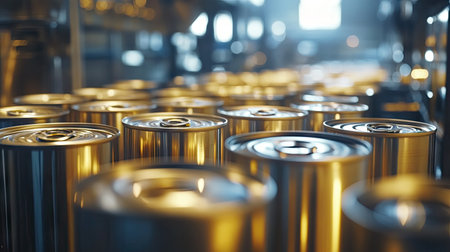 A high-speed industrial machine sealing metal cans in a food packaging facility.の素材
