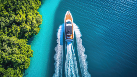 A high-speed boat cutting through a crystal-clear lake, leaving behind a perfect V-shaped wake under a bright blue sky.の素材