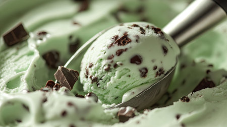 A macro shot of an ice cream scoop carving into a container of mint chocolate chip, highlighting the chocolate chunks.の素材