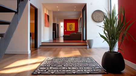 A doormat with a bold pattern inside a contemporary home, setting the tone for the rest of the spaceの素材