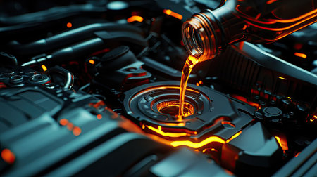 A detailed shot of a mechanic pouring engine oil into a car's engine compartment, showing the oil flowing from the bottleの素材