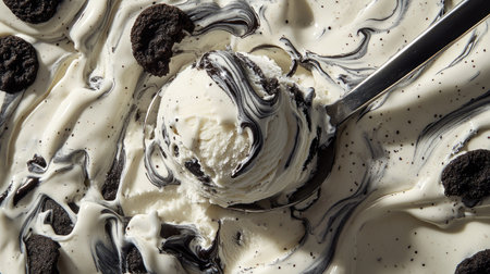 A creamy scoop of cookies and cream ice cream lifted from the container, showing cookie chunks and swirls.の素材