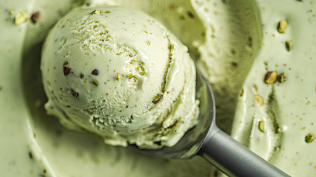 A detailed shot of a scoop gliding through a tub of pistachio ice cream, revealing a rich, nutty texture.の素材