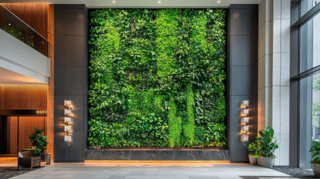 A green leaf wall in a hotel lobby, transforming the space into a tropical oasis with cascading plantsの素材