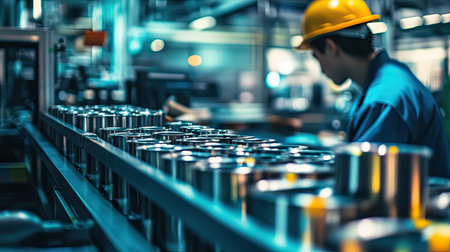 A factory worker monitoring the production line as metal cans are labeled and sealed.の素材