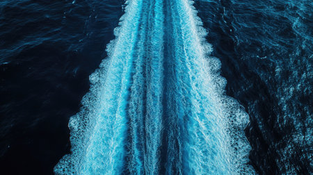 A dramatic aerial shot of a cruise ship's wake extending for miles across the deep blue sea.の素材